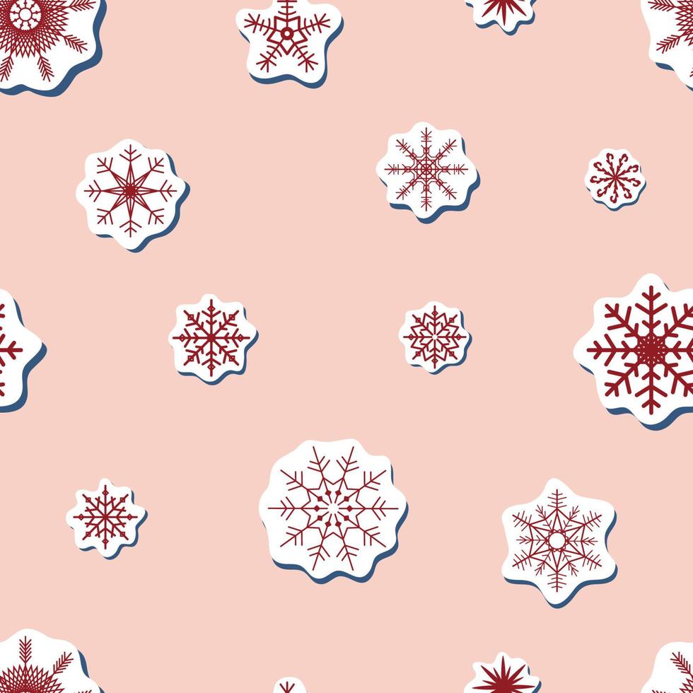 seamless Vector sticker geometric dark red snowflakes pattern with shadow on pink background. Winter print