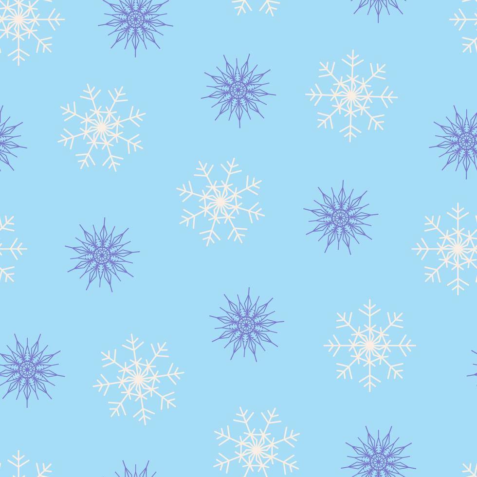 copos de nieve geométricos de patrones sin fisuras grandes y pequeños sobre un fondo azul claro. ilustración vectorial para la impresión de invierno. se puede utilizar como embalaje vector