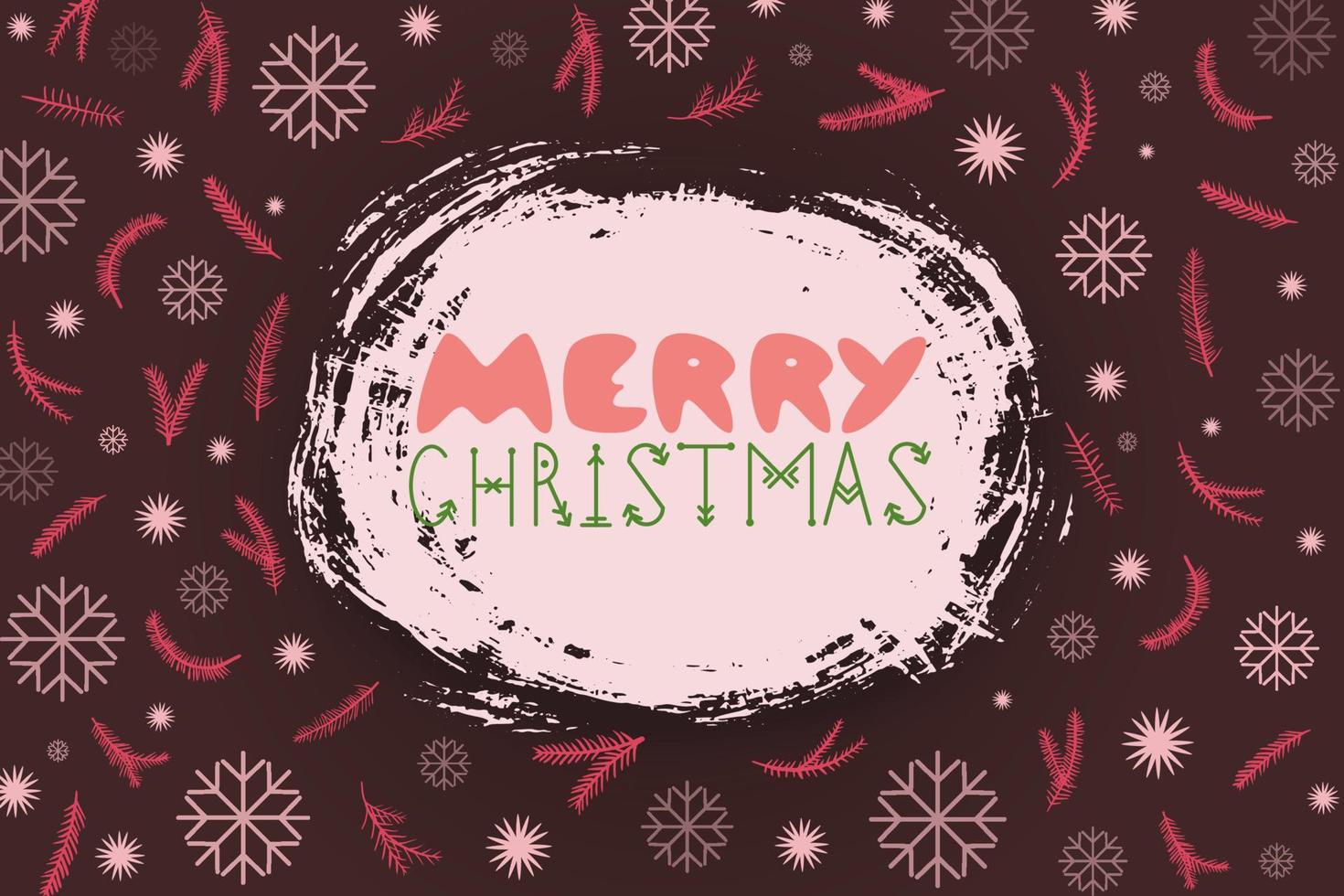 merry christmas inscription on a brown horizontal background with a pattern of coniferous branches and snowflakes vector