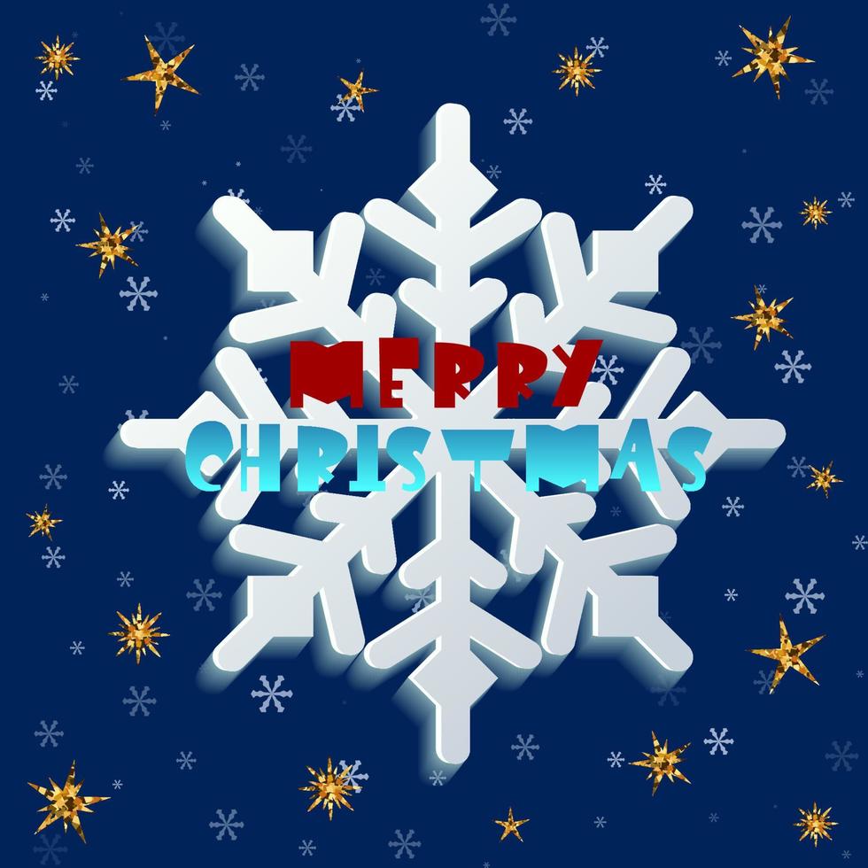 copo de nieve volumétrico blanco sobre un fondo cuadrado azul oscuro con pequeños copos de nieve claros y estrellas doradas con destellos. en el centro hay letras azules rojas geométricas. ilustración vectorial de navidad vector