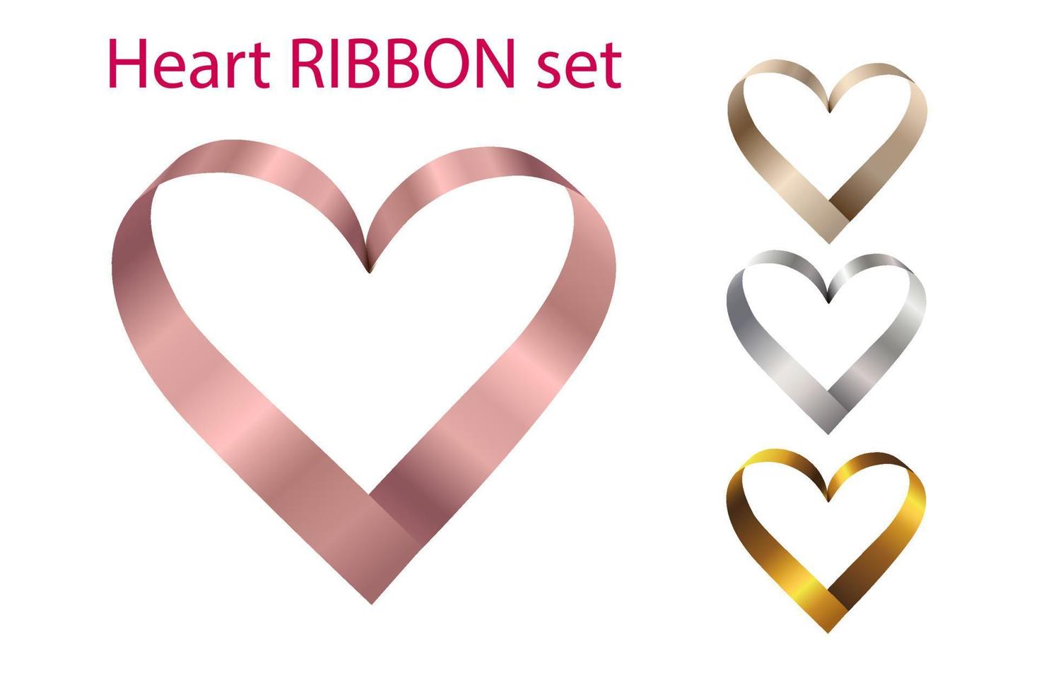 set of vector metal ribbons in the shape of a heart. Metal Gradients pink, silver, gold, bronze. Vector stock illustration on white. For banner, greeting card, web background