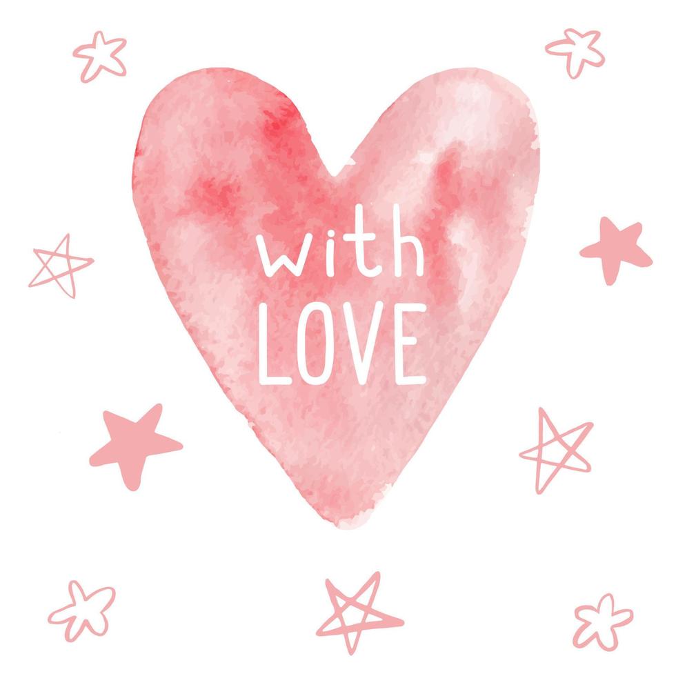 gran corazón de acuarela rosa en un bg blanco con decoración rosa de estrellas dibujadas a mano en estilo garabato. en el centro hay una simple letra con amor. ilustración de stock vectorial en un white.template para tarjeta vector