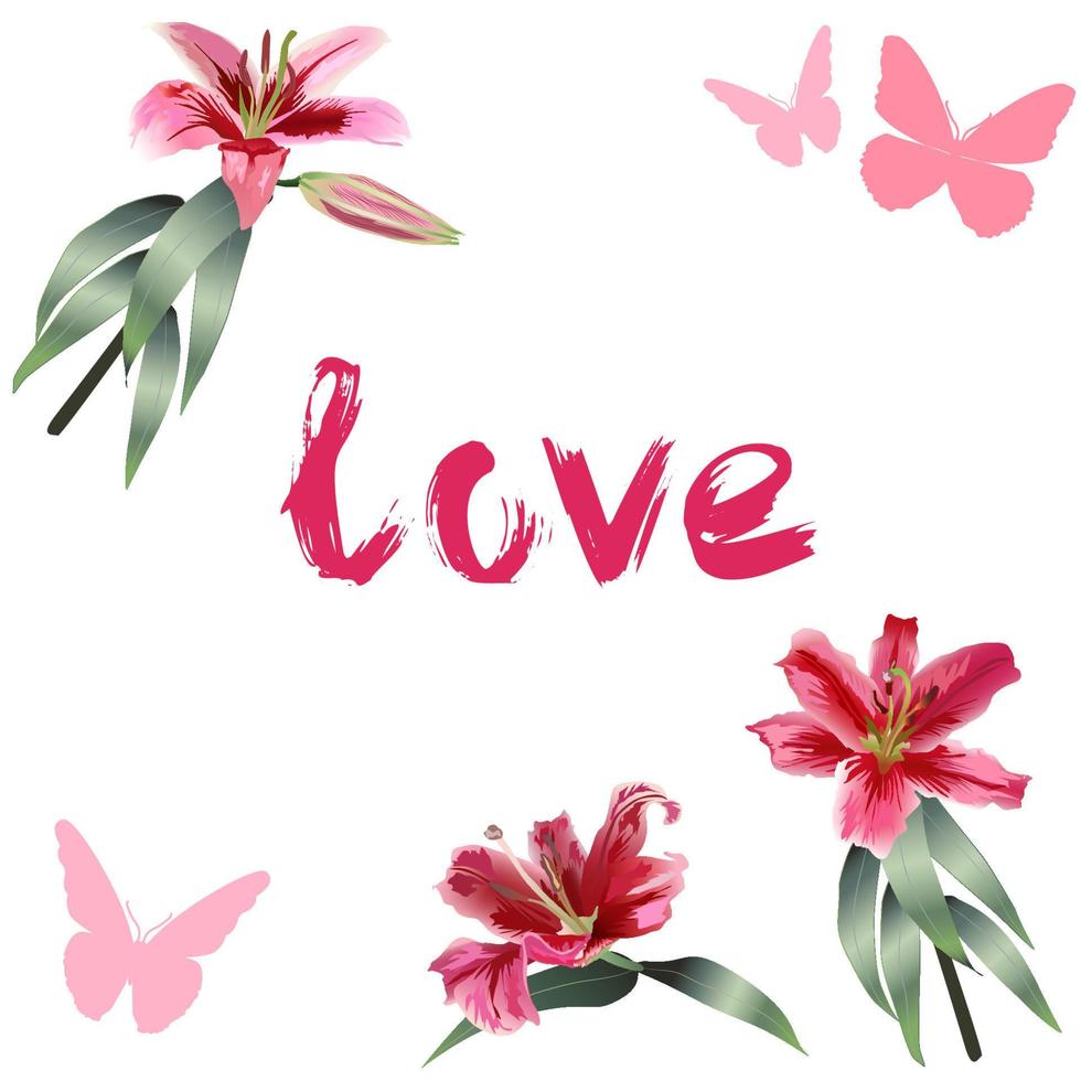 Pink Grunge Lettering Love in lowercase on a white background with realistic pink lilies with green stems and a silhouette of pink butterflies. Vector square stock illustration.Template for love card