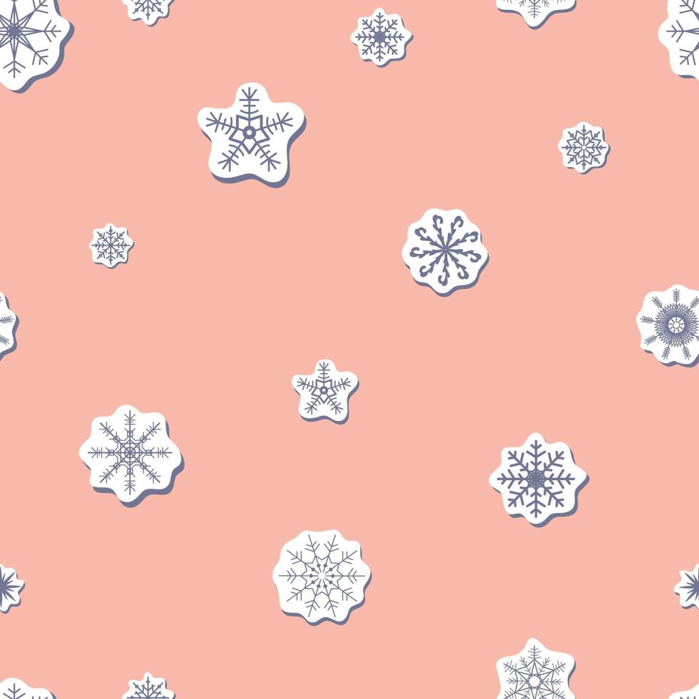 seamless Vector sticker geometric blue snowflakes pattern with shadow on coral pink background. Winter print