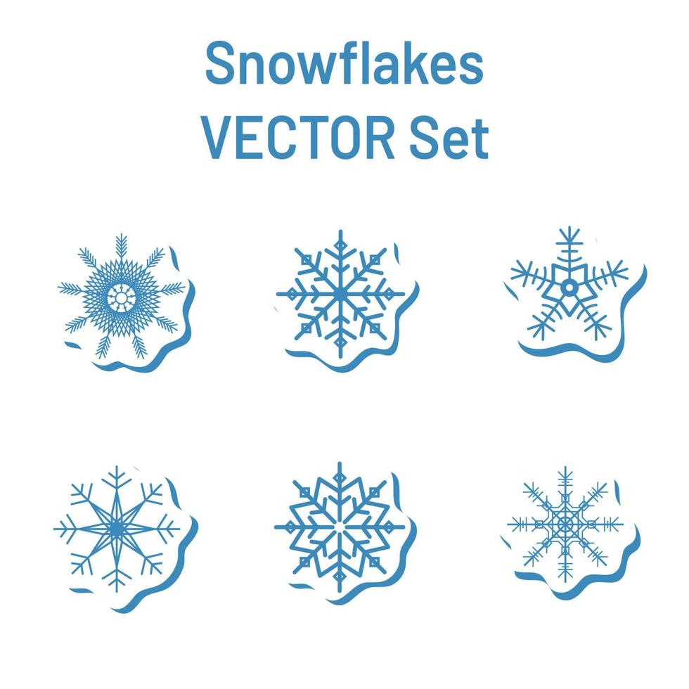 Vector set of blue geometric snowflake stickers with shadow on a white background