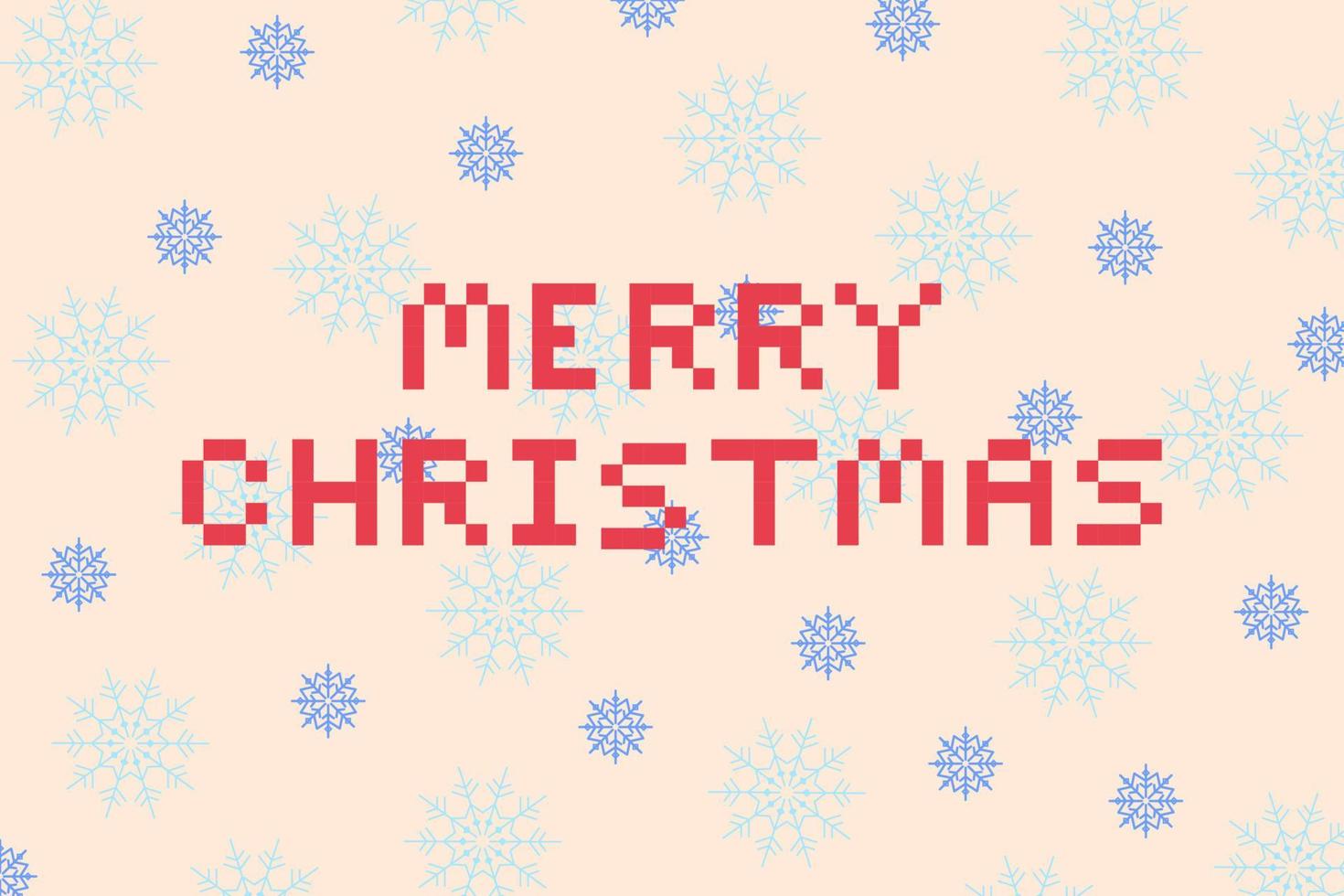 Red lettering Merry Christmas in a flat pixel art style. Horizontal rectangular vector illustration of blue snowflakes of different sizes on a light pink background
