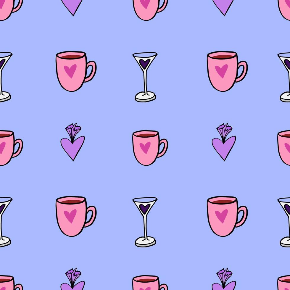 seamless print with drinks and candy with heart drawings. Hand drawn doodle style and traced drawings of pink mug, martini glass and chocolate candy on blue background vector