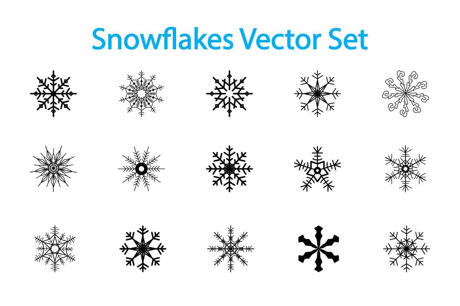 Vector geometric set of fifteen snowflakes on a white background. Flat Christmas decor