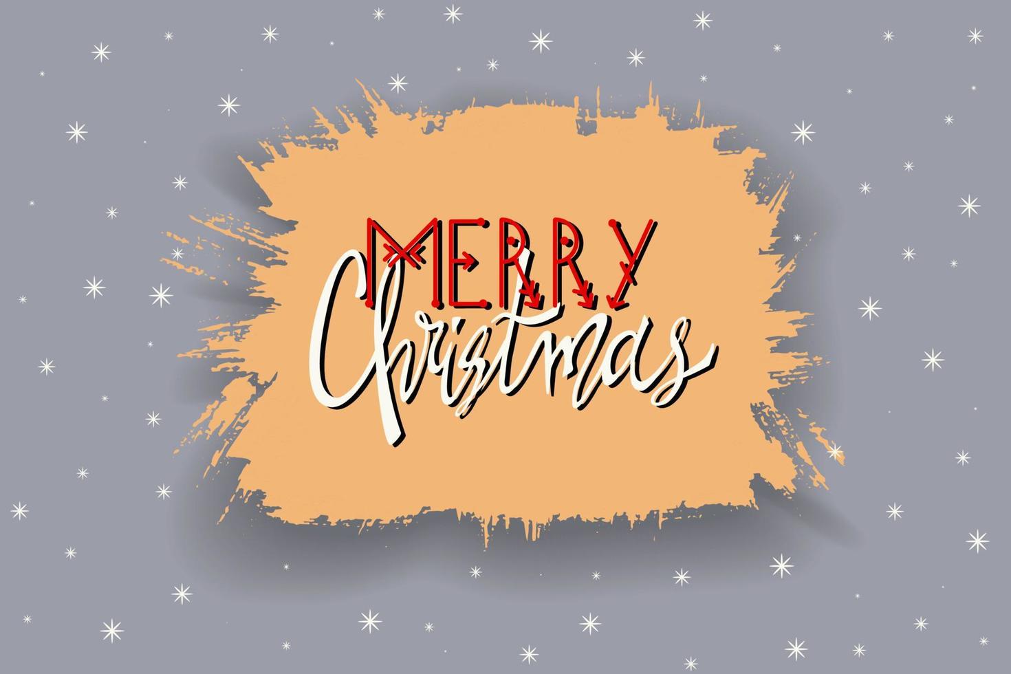 Red White Lettering Merry Christmas in a light orange cloud of clouds created by a dry brush on a grey background with a decor of white snowflakes. Vector New Year illustration