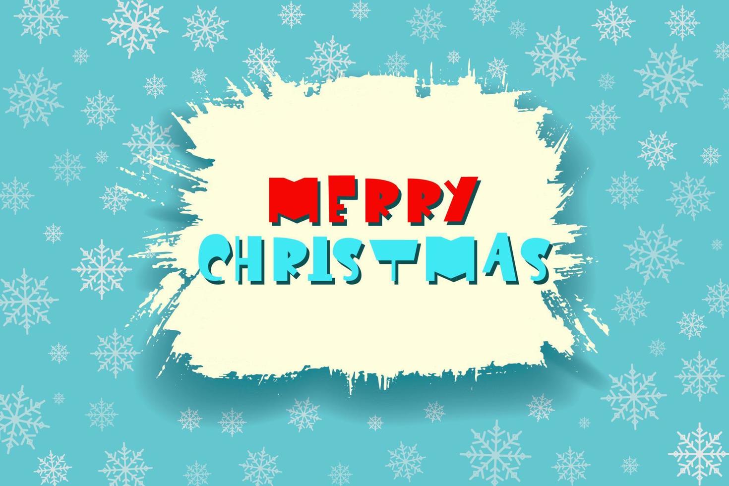 Red Blue Lettering Merry Christmas in a cloud of clouds created by a dry brush on a blue background with a decor of snowflakes. Vector New Year illustration
