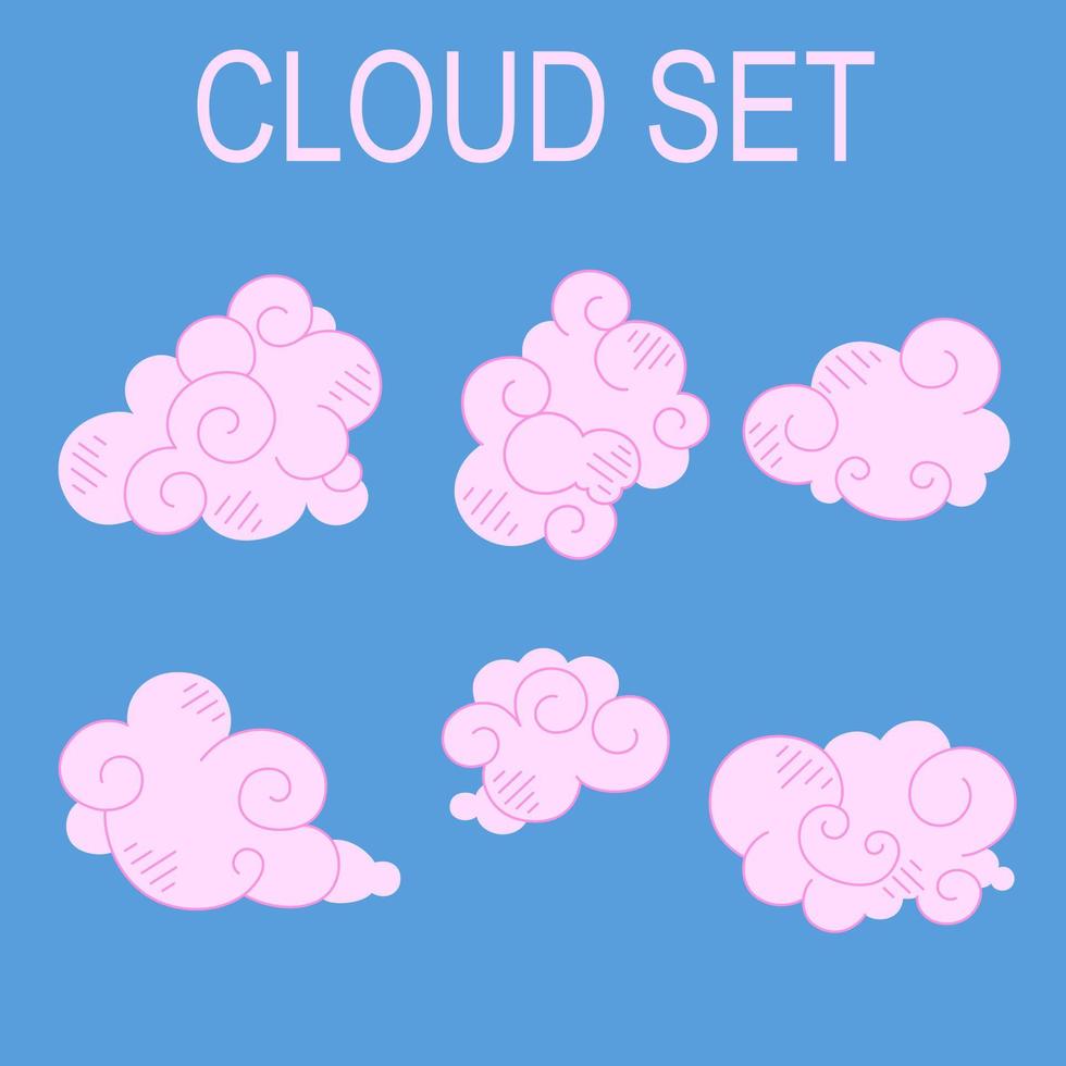 Set of vector pink cumulus clouds in cartoon style on a blue background. Vector stock illustration