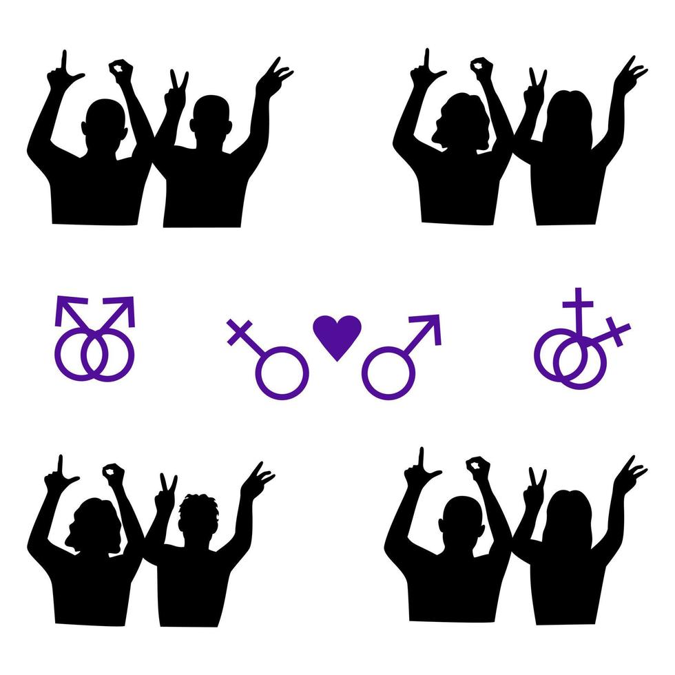 Set couples of different sexual orientation lesbian, gay, straight, bi black silhouettes with purple male and female signs on white BG. Hands made up the word Love. Wedding elements for cards,flyers vector