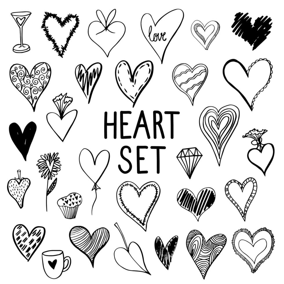 conjunto vectorial de corazones dibujados a mano. colección en blanco y negro de diversos corazones grunge en forma y estilo. elementos de diseño para crear tarjetas de felicitación, invitaciones, pancartas, volantes e imágenes prediseñadas vector