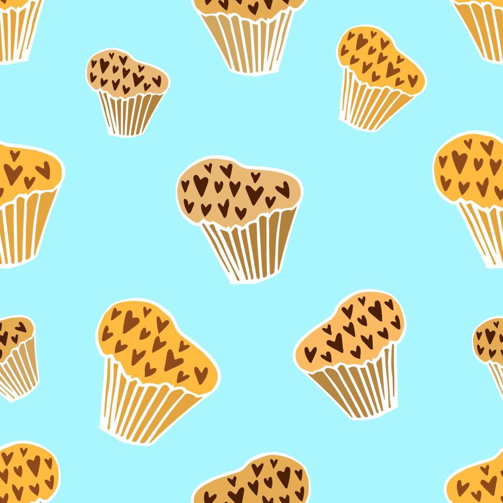 hand drawn heart shaped cupcake with chocolate chip, doodle sketch with white outline. Vector seamless pattern on a white background.