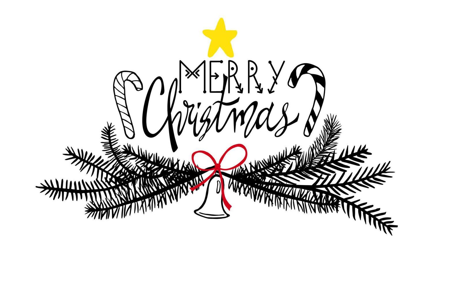 Vector lettering Merry Christmas in a hand-drawn frame from winter decor in doodle style. Composition of individual elements caramel, bell, ribbon, star