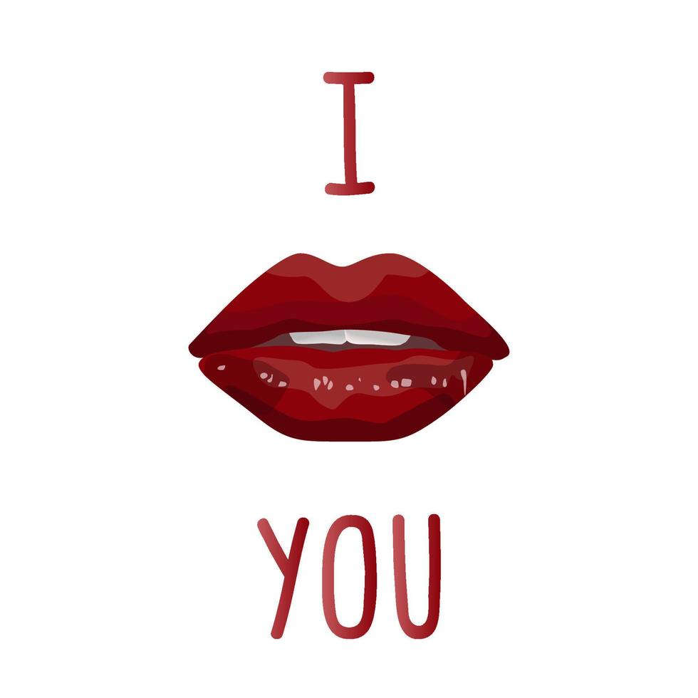Attractive adult female lips with dark red bright lipstick and open teeth with a simple lettering in capital letters I and you which means I kiss you. Vector stock illustration on a white BG