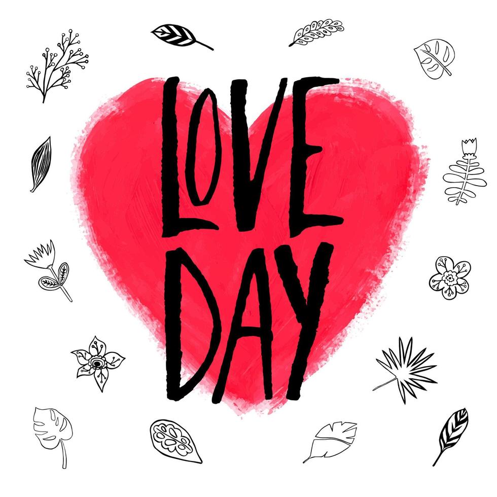 LOVE DAY vector hand written drawn letters without sans serif in black ink. The traced inscription is isolated on white with a decor of a large coral colored heart painted with rough gouache paint