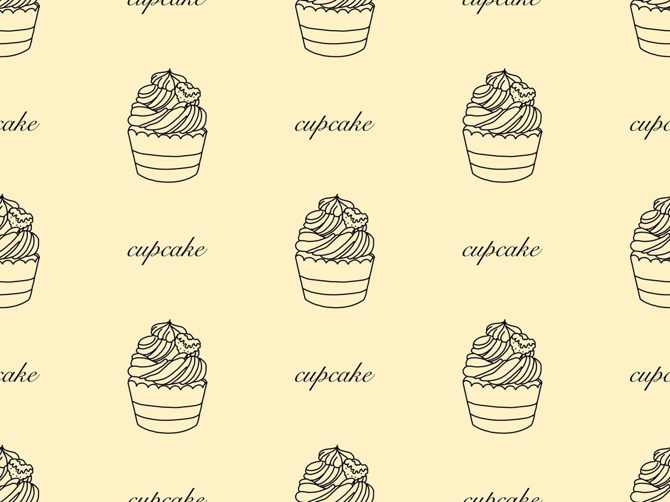 Cupcake cartoon character seamless pattern on orange background vector