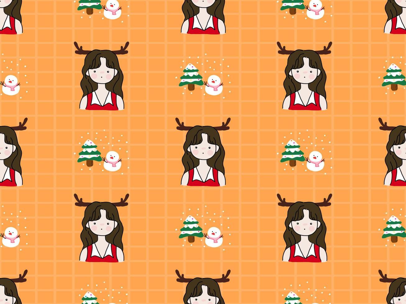 Christmas Day cartoon character seamless pattern on orange background vector