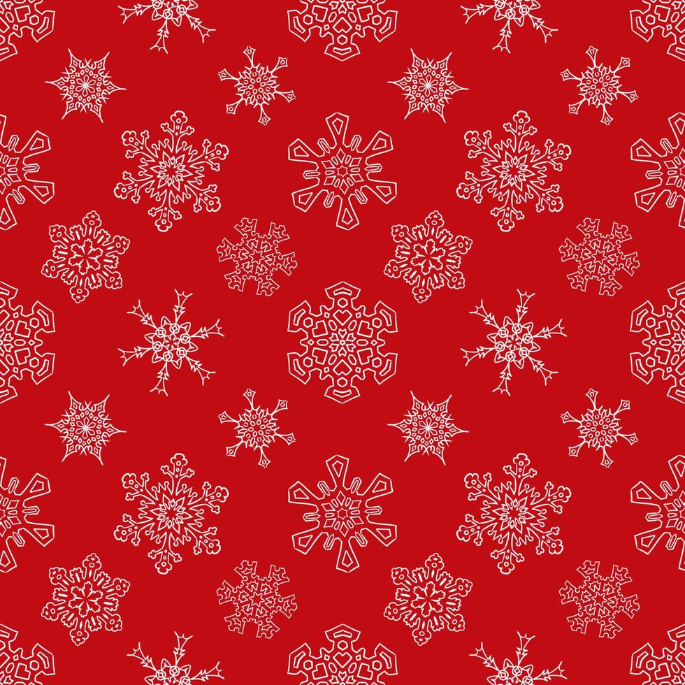 Seamless Christmas red pattern with random drawn snowflakes vector