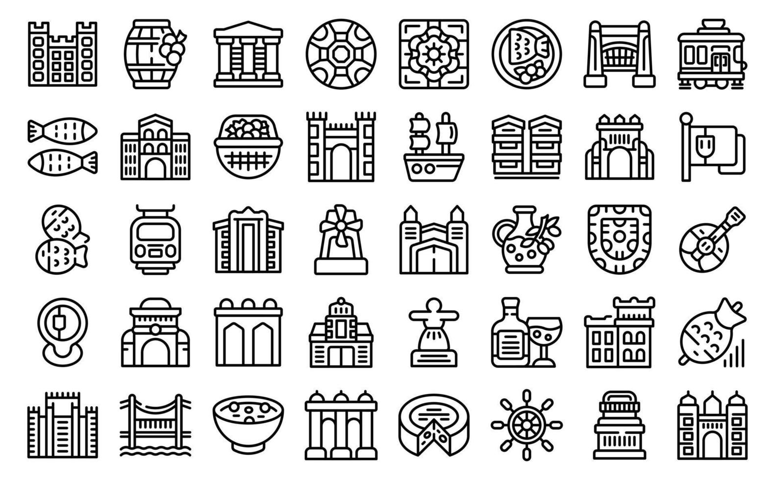 Lisbon icons set outline vector. Portugal castle vector