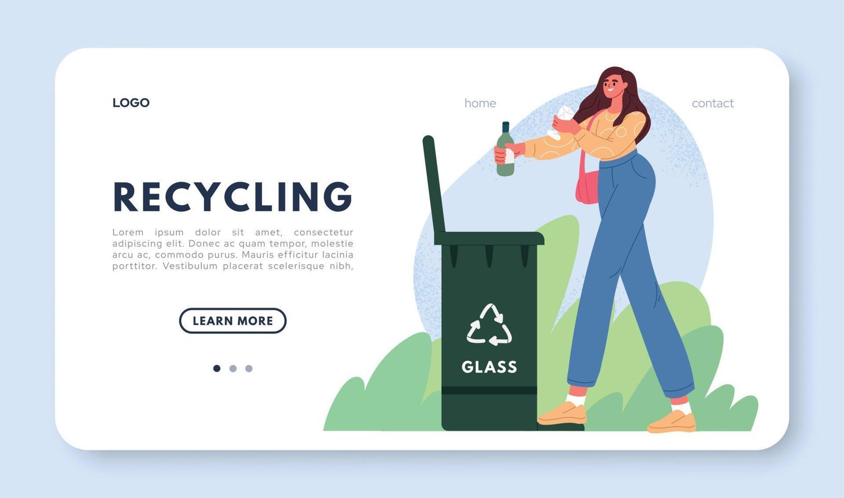 Recycling garbage bin concept. Woman is taking out plastic rubbish into a container. Sorting and Recycling concept. Flat vector illustration