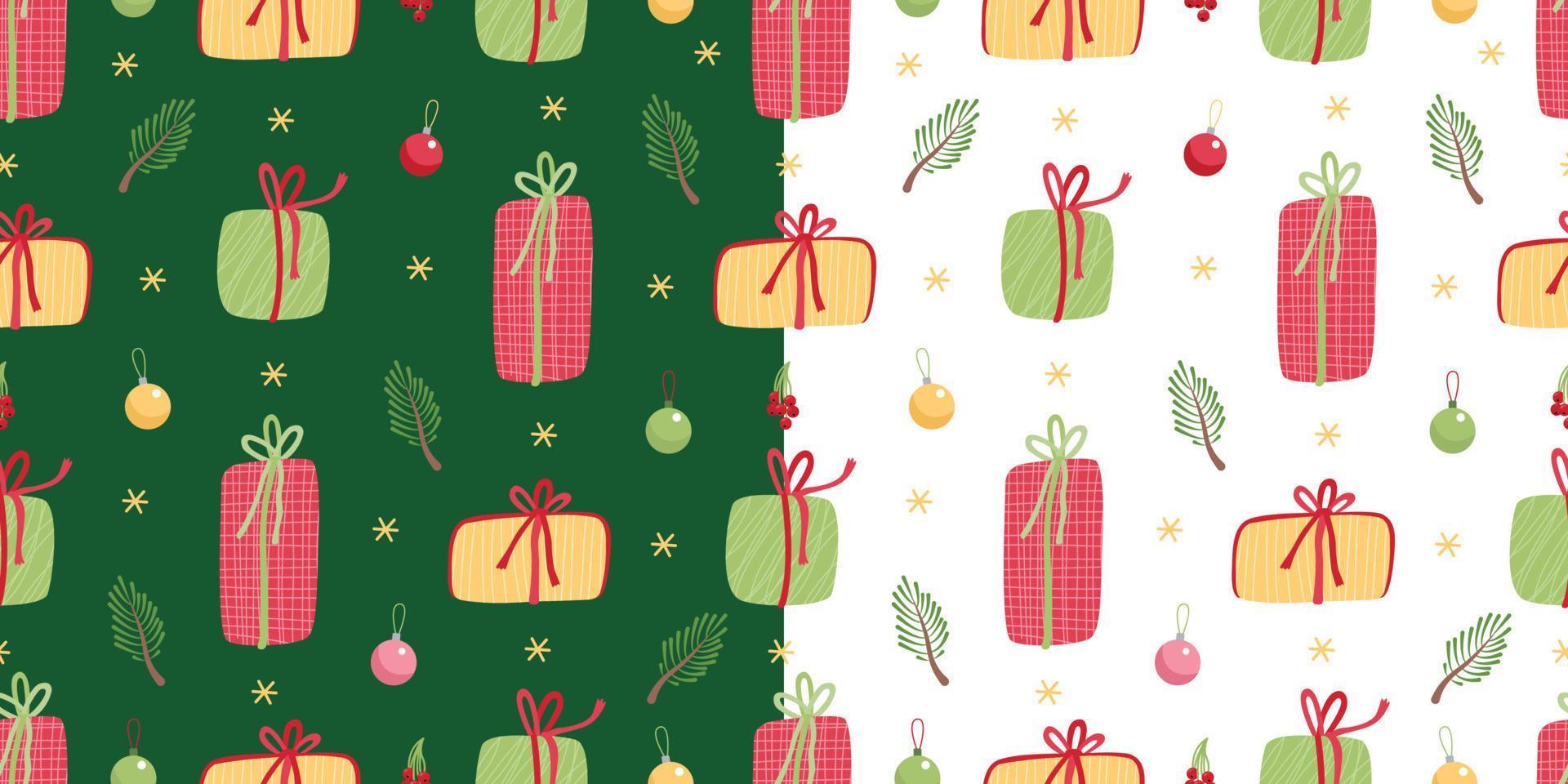 Two seamless patterns with Christmas baubles and gift boxes on white and green backgrounds. Vector flat illustration. Great for fabrics, wrapping paper, greeting cards.