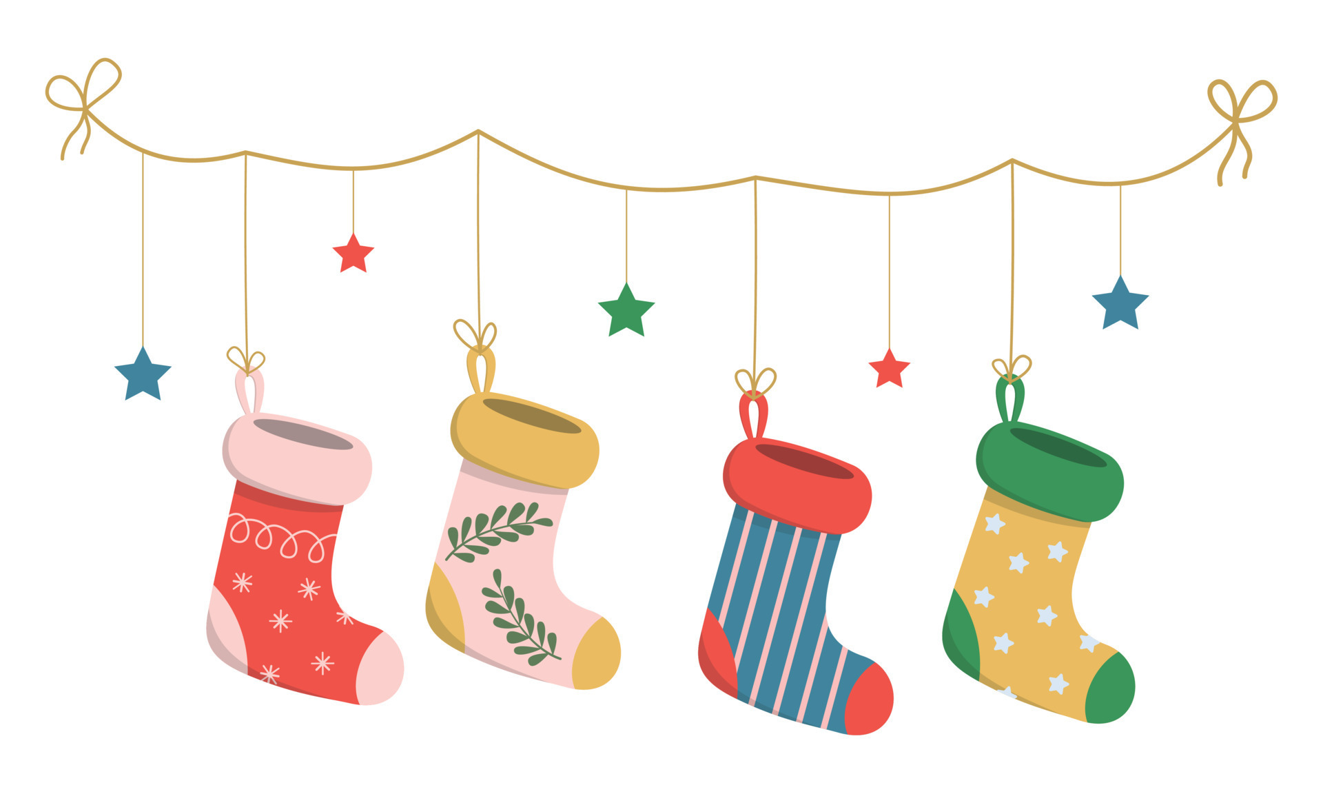 Cartoon Christmas stockings with holiday ornaments. Hanging socks with Socks Hanging Christmas