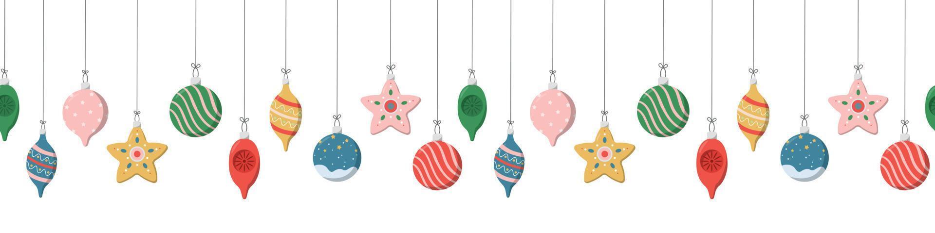 coloridos adornos navideños dibujados a mano vector seamlessp patrón. borde horizontal festivo. vacaciones de invierno, impresión de fiesta de año nuevo. ilustración festiva moderna. aislado sobre fondo blanco