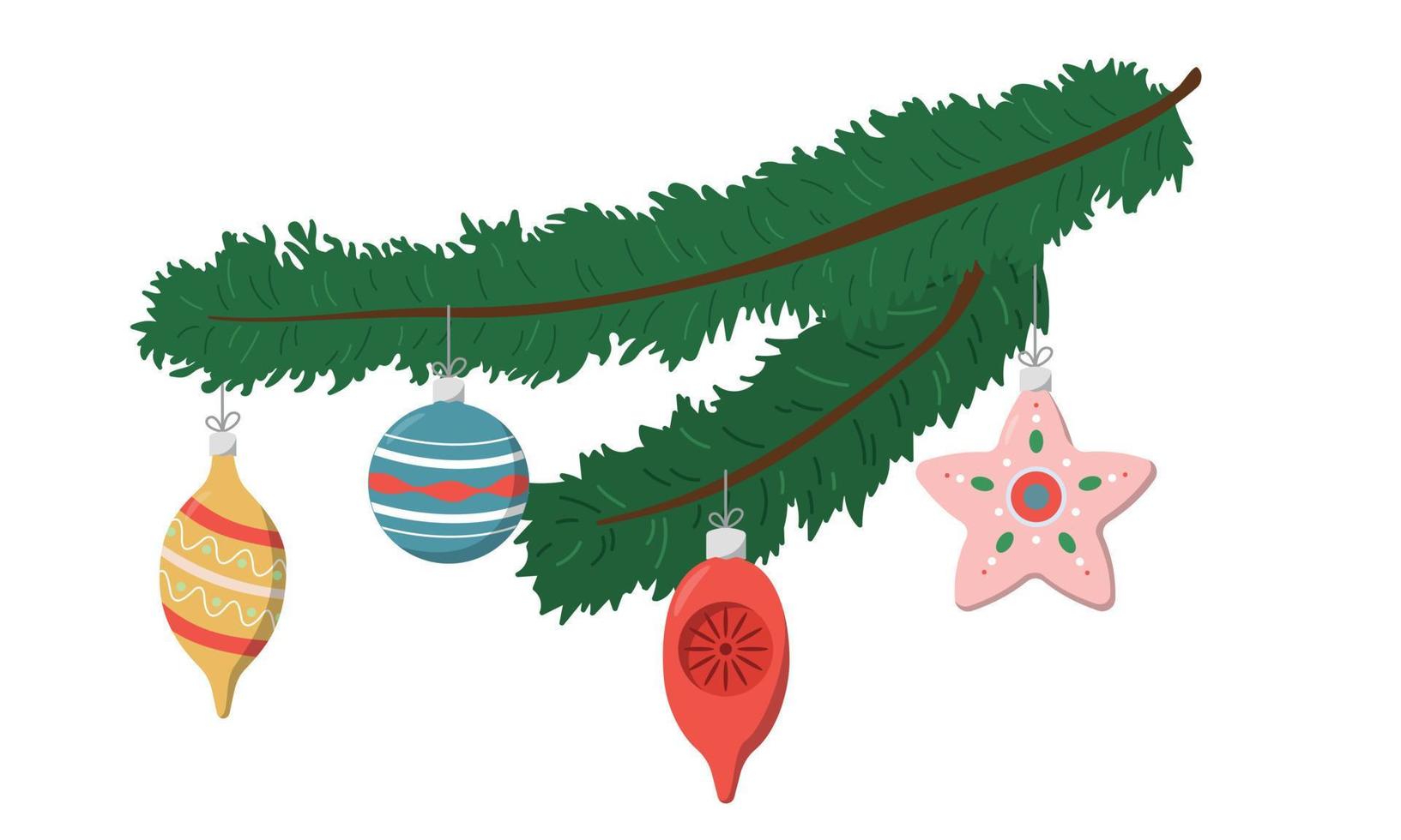 Christmas tree branch with retro baubles. Winter holidays banner design. Xmas horizontal background for Happy New Year. Festive card template with fir twig. Flat vector illustration