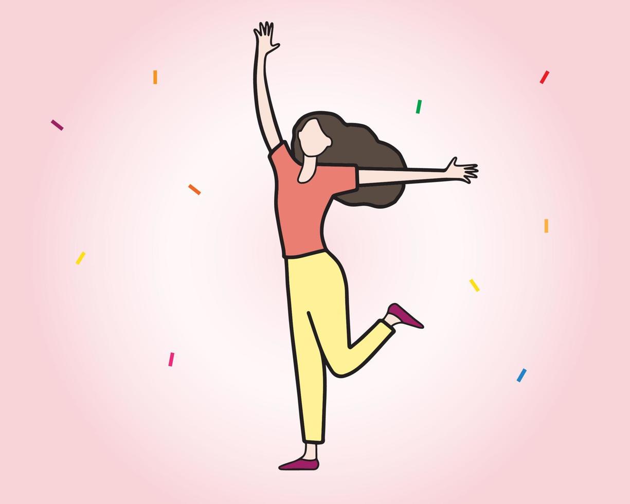 mujer joven feliz estirándose, de pie y levantando la mano derecha, sintiéndose alegre y optimista. contorno, arte de línea delgada, diseño de boceto dibujado a mano, estilo simple. vector