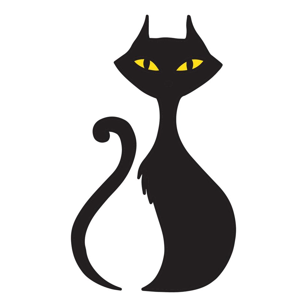 lindo gato negro arrogante sentado con ojos amarillos - halloween. dibujo de dibujos animados plano simple, aislado en la ilustración de vector de clip-art blanco.