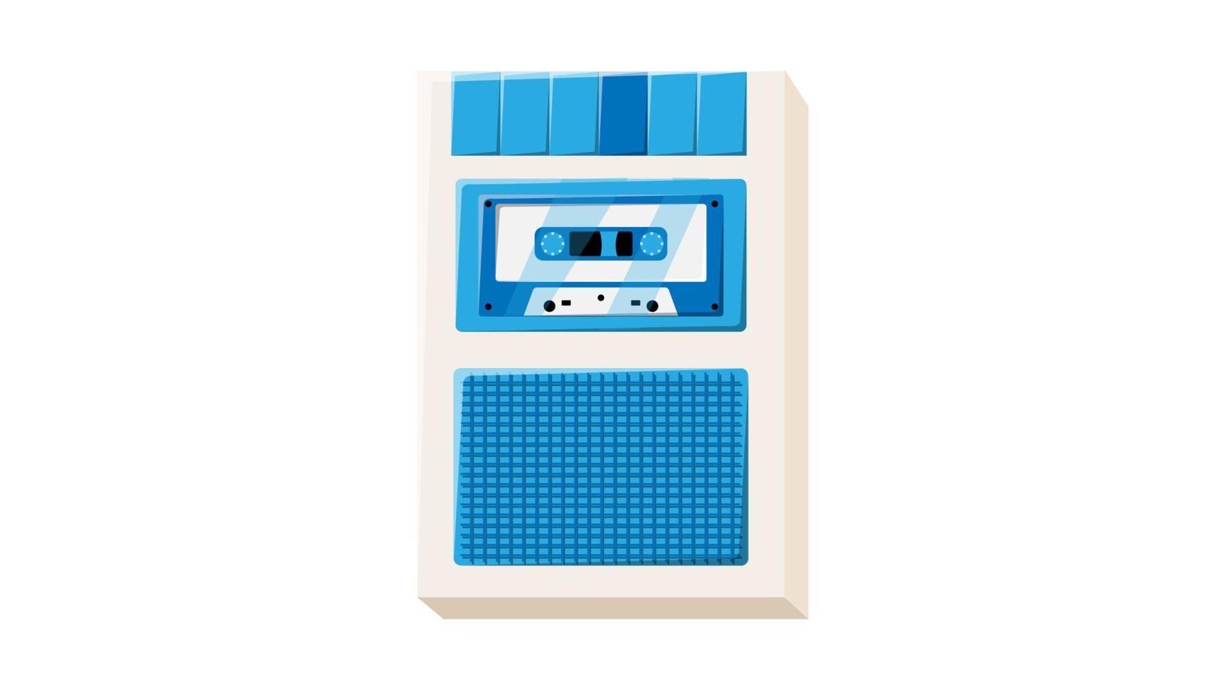 Old retro vintage isometry voice recorder with music audio tape cassette for voice recording from 70s, 80s, 90s. Beautiful blue icon. Vector illustration