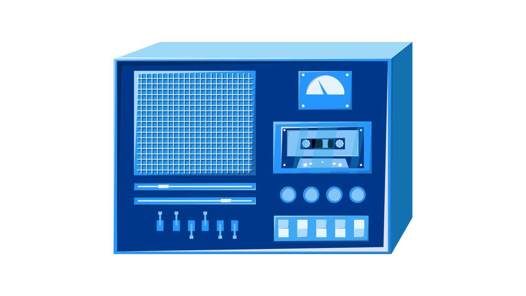 Old isometry retro blue vintage music cassette tape recorder with magnetic tape on reels and speakers from the 70s, 80s, 90s. Beautiful icon. Vector illustration
