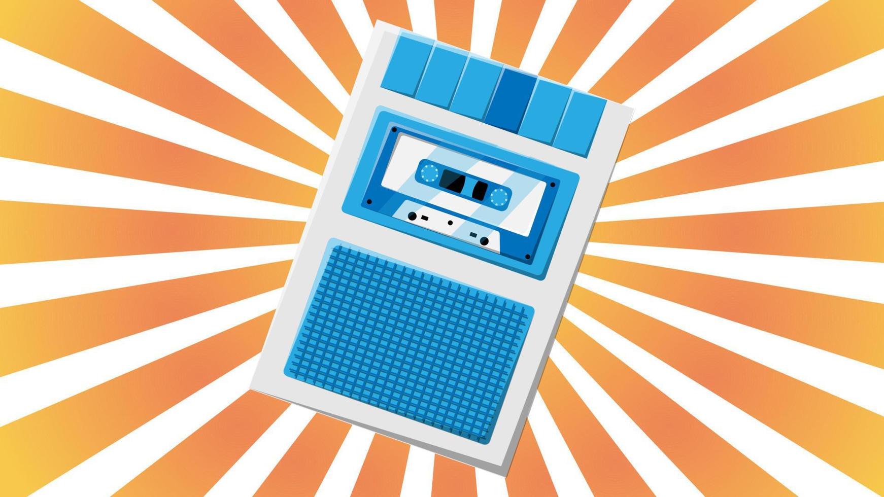 Old retro vintage hipster voice recorder with music audio tape cassette for voice recording from 70s, 80s, 90s against the background of the orange rays of the sun. Vector illustration