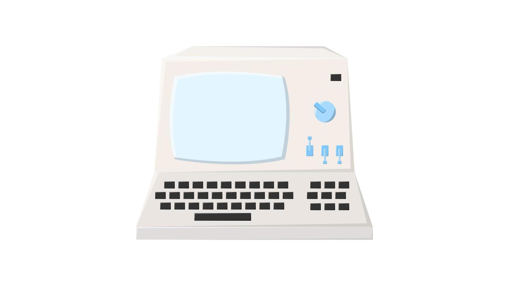 vieja computadora de isometría retro vintage, pc con monitor y teclado de los años 70, 80, 90. hermoso icono blanco. ilustración vectorial vector