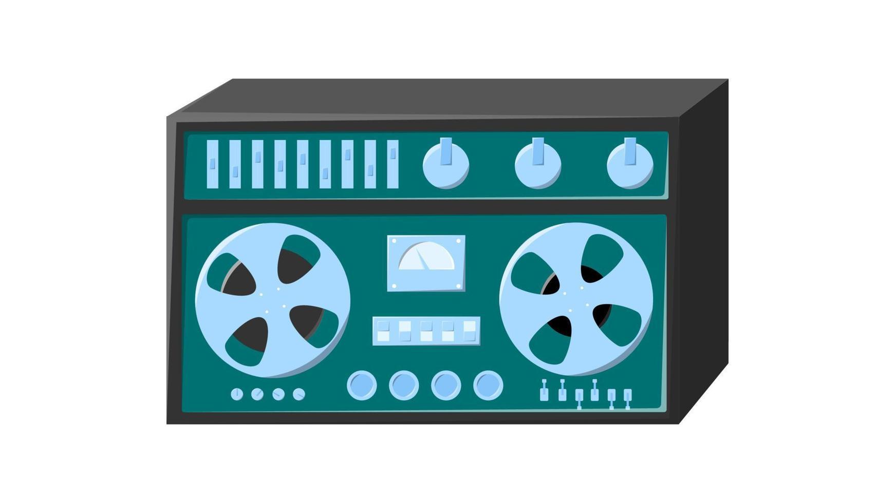 Old isometry retro green vintage music cassette tape recorder with magnetic tape on reels and speakers from the 70s, 80s, 90s. Beautiful icon. Vector illustration