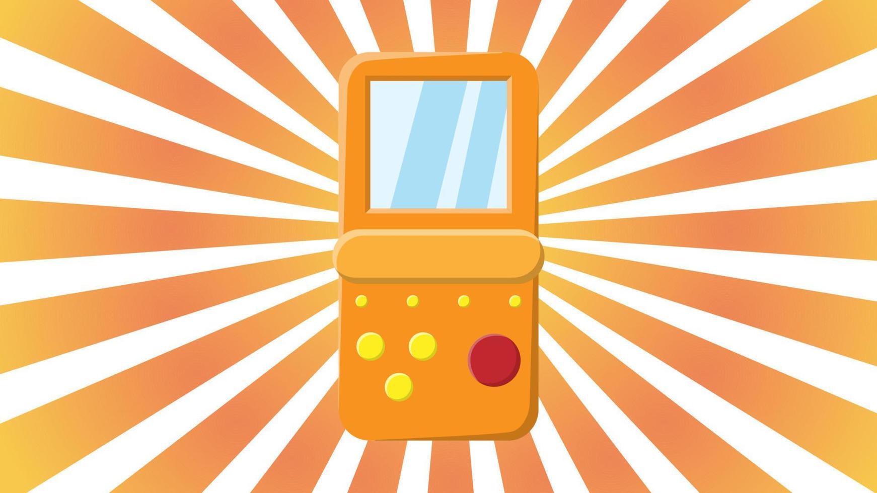 Old retro vintage hipster handheld game console with screen and buttons from 70s, 80s, 90s against the background of the orange rays of the sun. Vector illustration