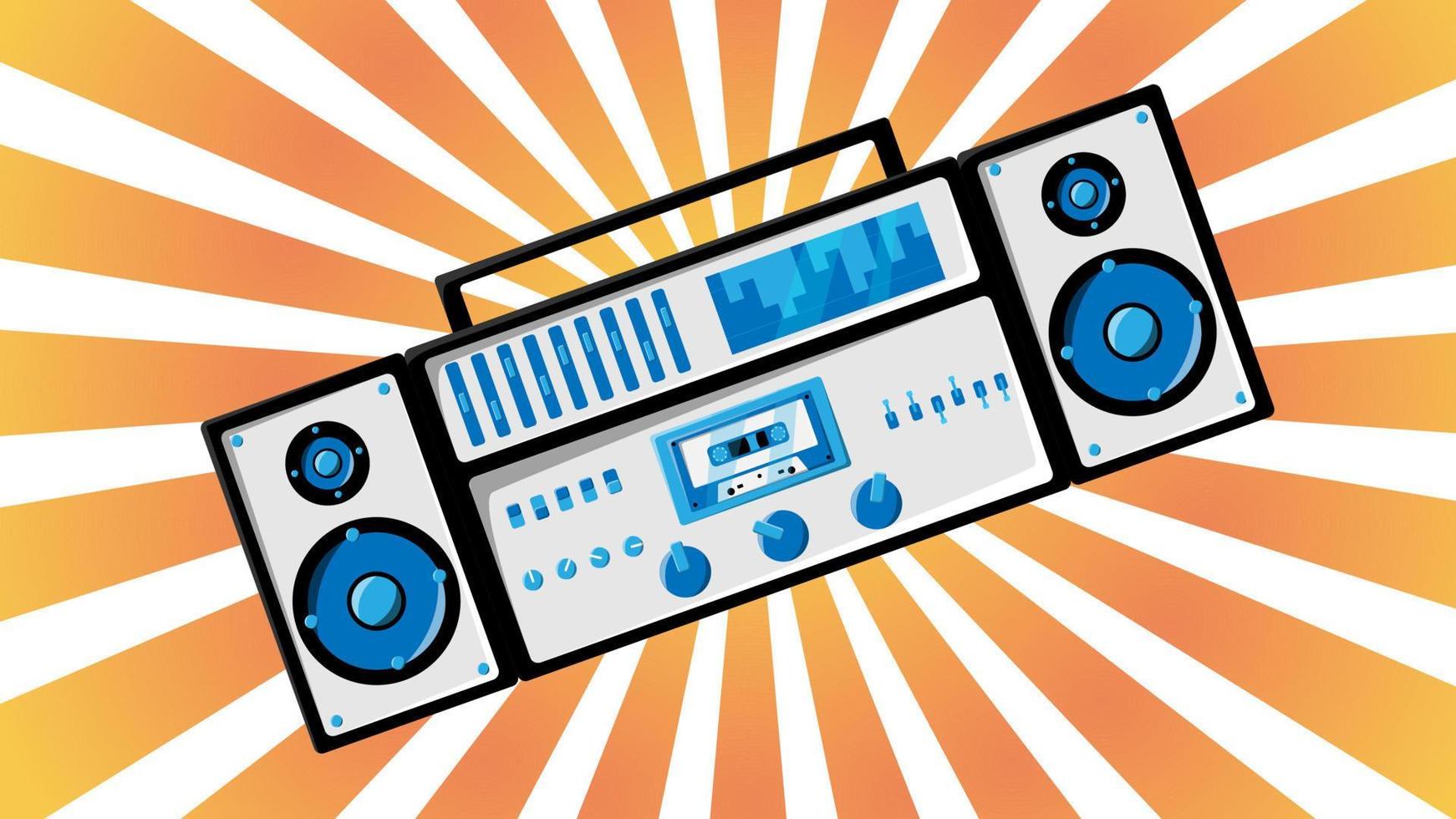 Old retro vintage music cassette tape recorder with magnetic tape babbin on reels and speakers from the 70s, 80s, 90s against the background of the orange rays of the sun. Vector illustration