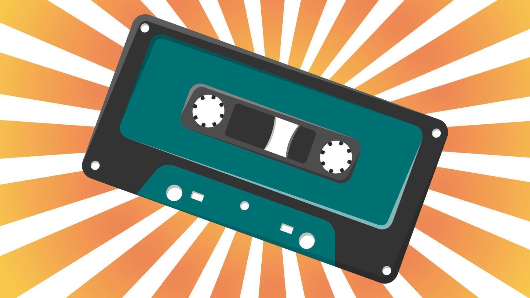 Old retro vintage green music audio cassette for audio tape recorder with magnetic tape from 70s, 80s, 90s against the background of the orange rays of the sun. Vector illustration