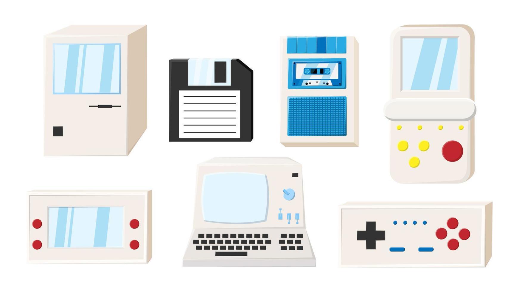 Set of old retro vintage isometry technology electronics computer, pc, floppy floppy disk, game portable video game consoles from 70s, 80s, 90s. Vector illustration