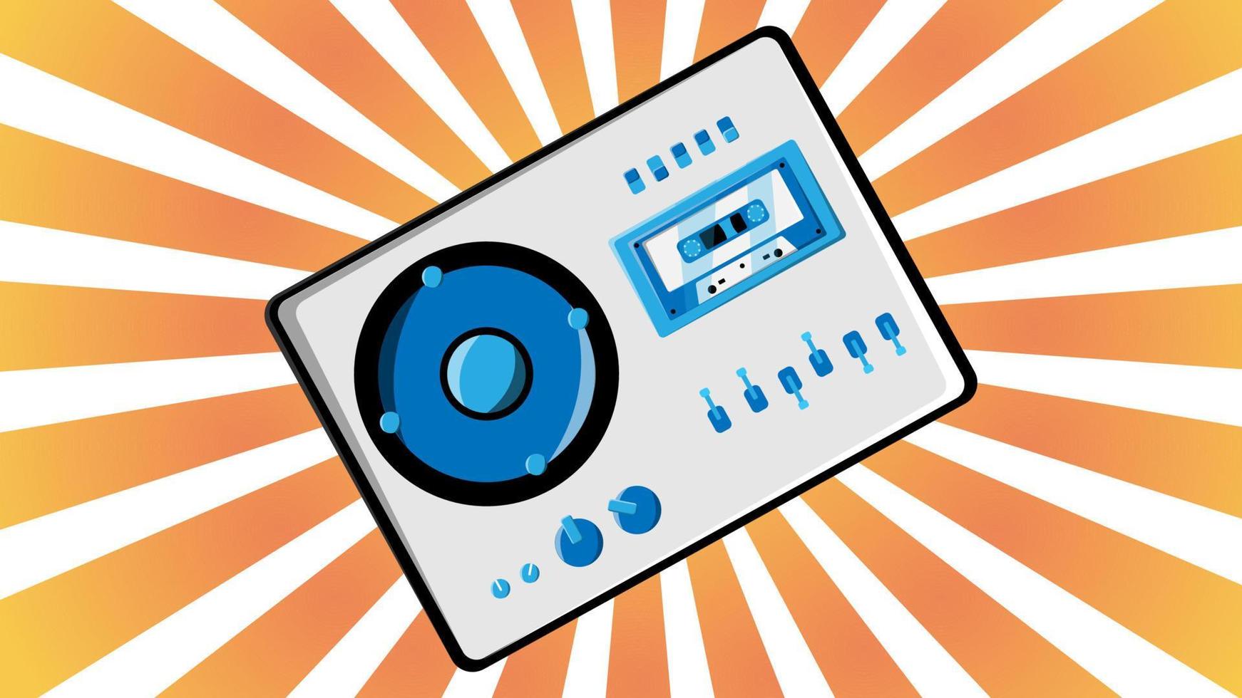 Old retro vintage music cassette tape recorder with magnetic tape babbin on reels and speakers from the 70s, 80s, 90s against the background of the orange rays of the sun. Vector illustration