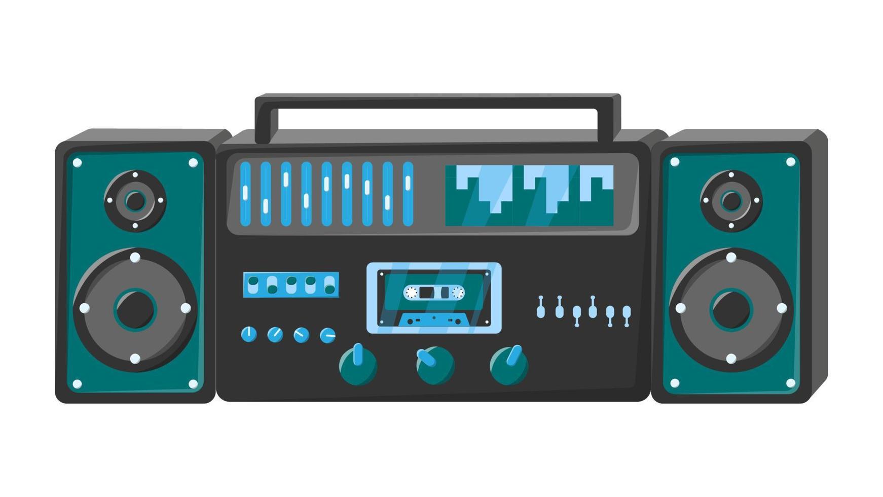 Old isometry retro green vintage music cassette tape recorder with magnetic tape on reels and speakers from the 70s, 80s, 90s. Beautiful icon. Vector illustration