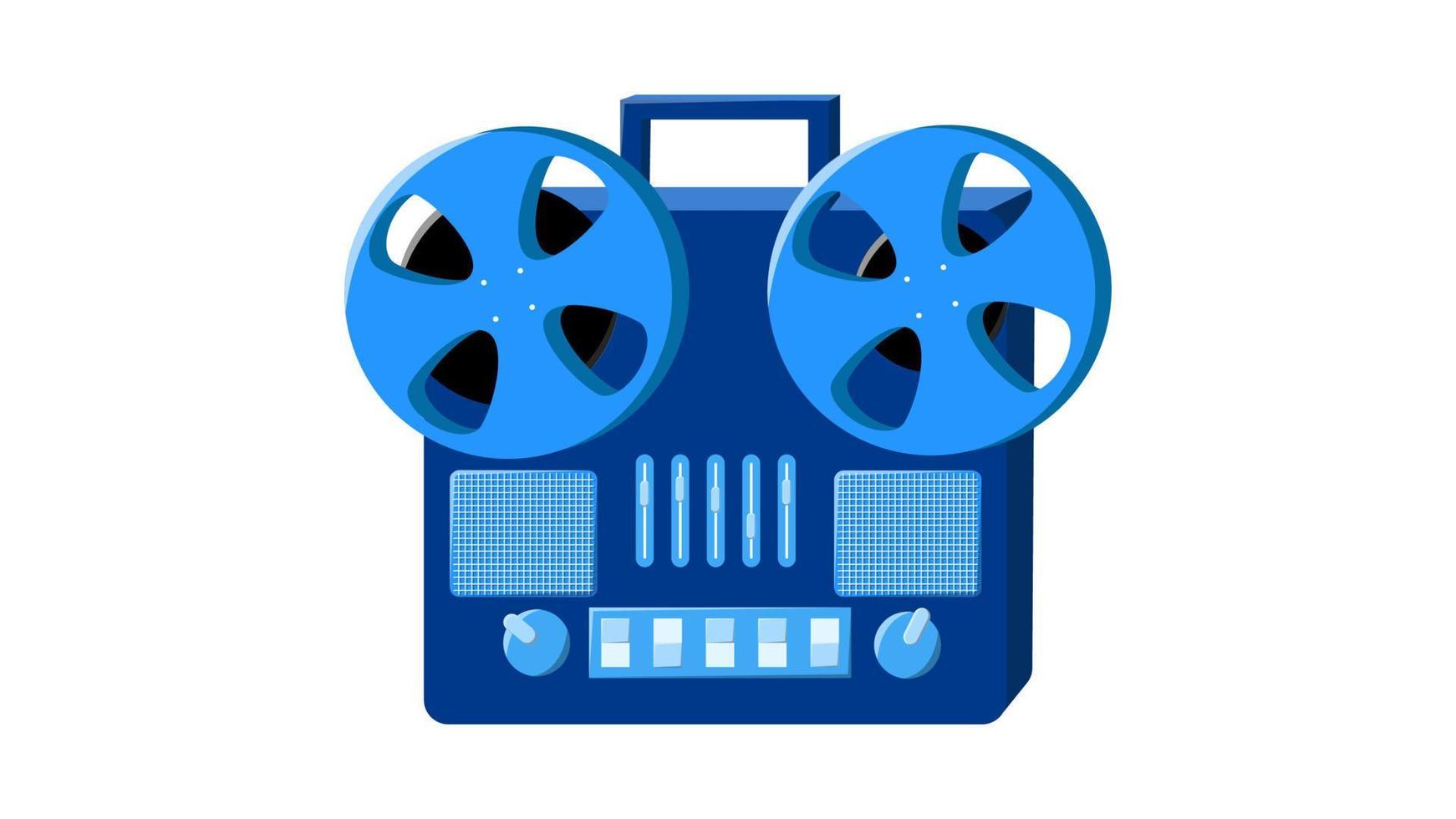 Old isometry retro blue vintage music cassette tape recorder with magnetic tape on reels and speakers from the 70s, 80s, 90s. Beautiful icon. Vector illustration