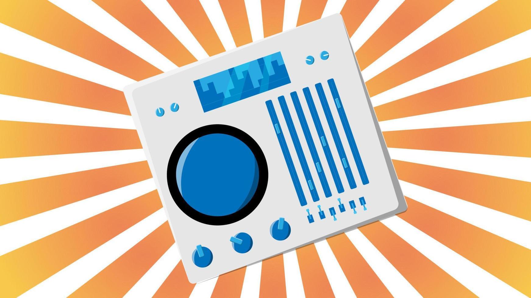 Old retro vintage audio music equipment vinyl dj board with sliders and cranks and buttons from the 70s, 80s, 90s against the background of the orange rays of the sun. Vector illustration