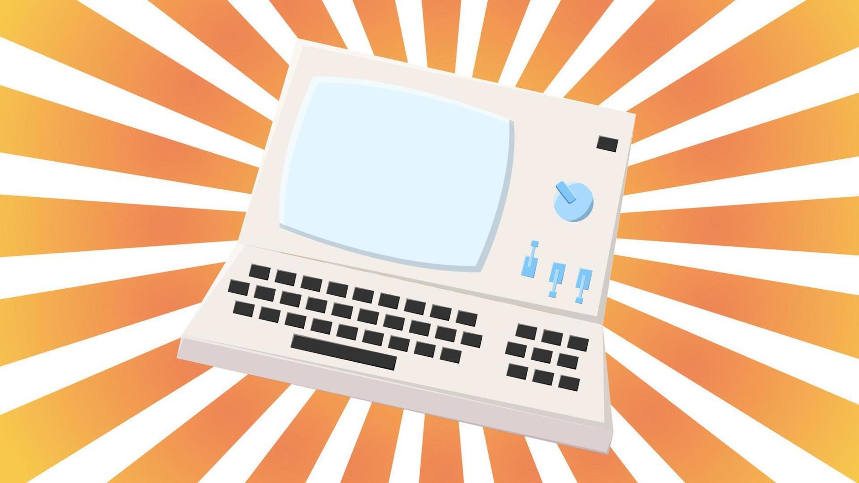 Old retro vintage hipster computer, pc with monitor and keyboard from 70s, 80s, 90s against the background of the orange rays of the sun. Vector illustration