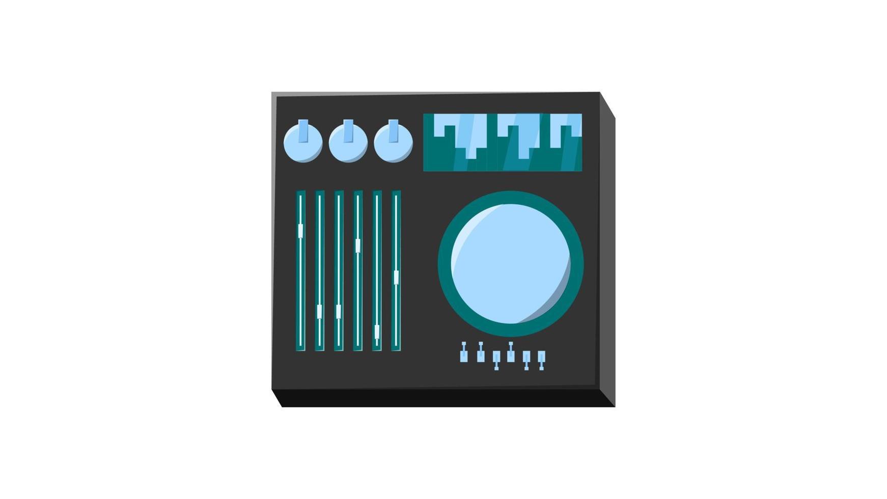 Old retro vintage isometry green audio music equipment vinyl dj board with sliders and cranks and buttons from the 70s, 80s, 90s. Vector illustration