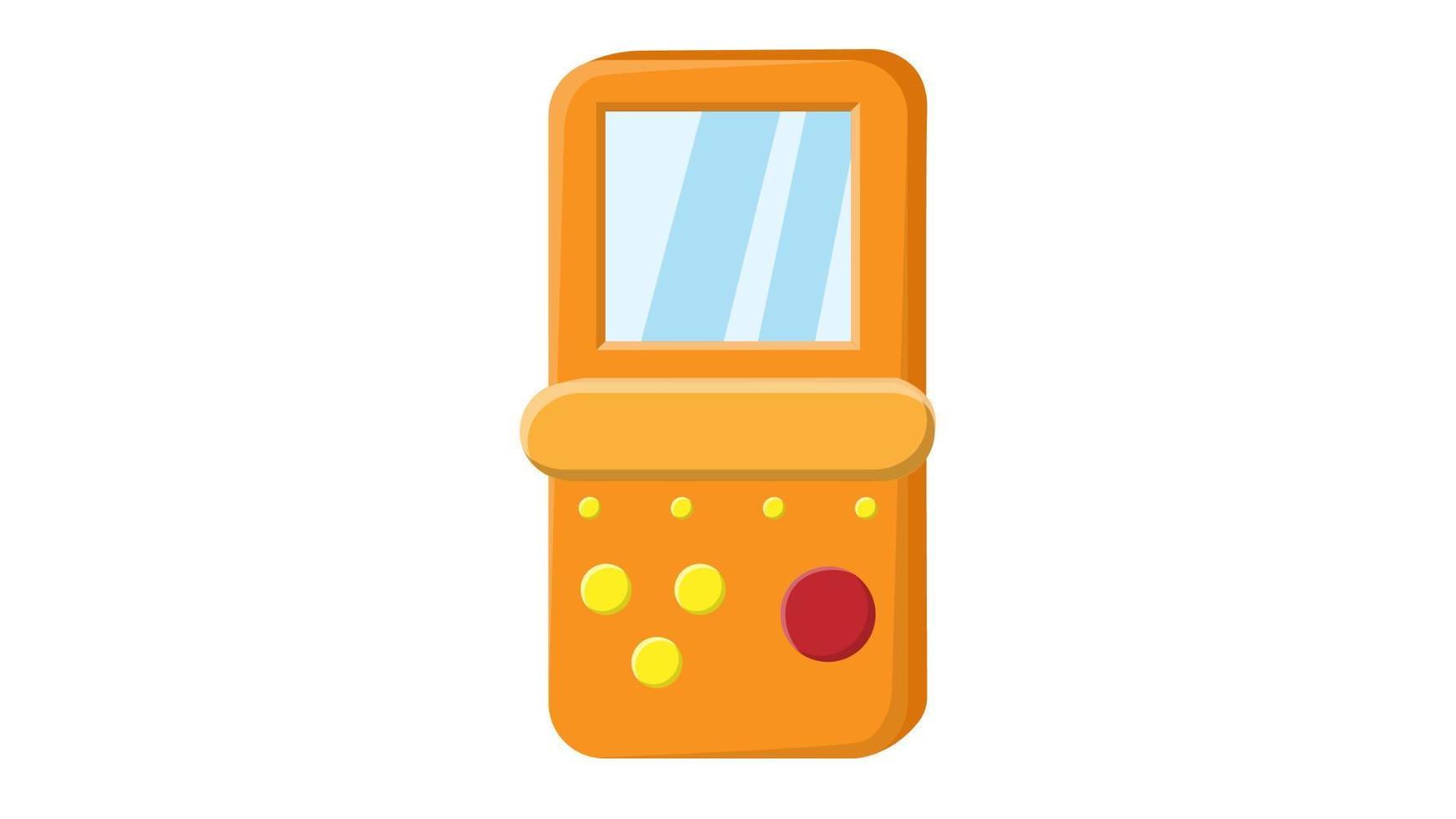 Old retro vintage isometry handheld game console with screen and buttons, tetris from 70s, 80s, 90s. Yellow icon. Vector illustration