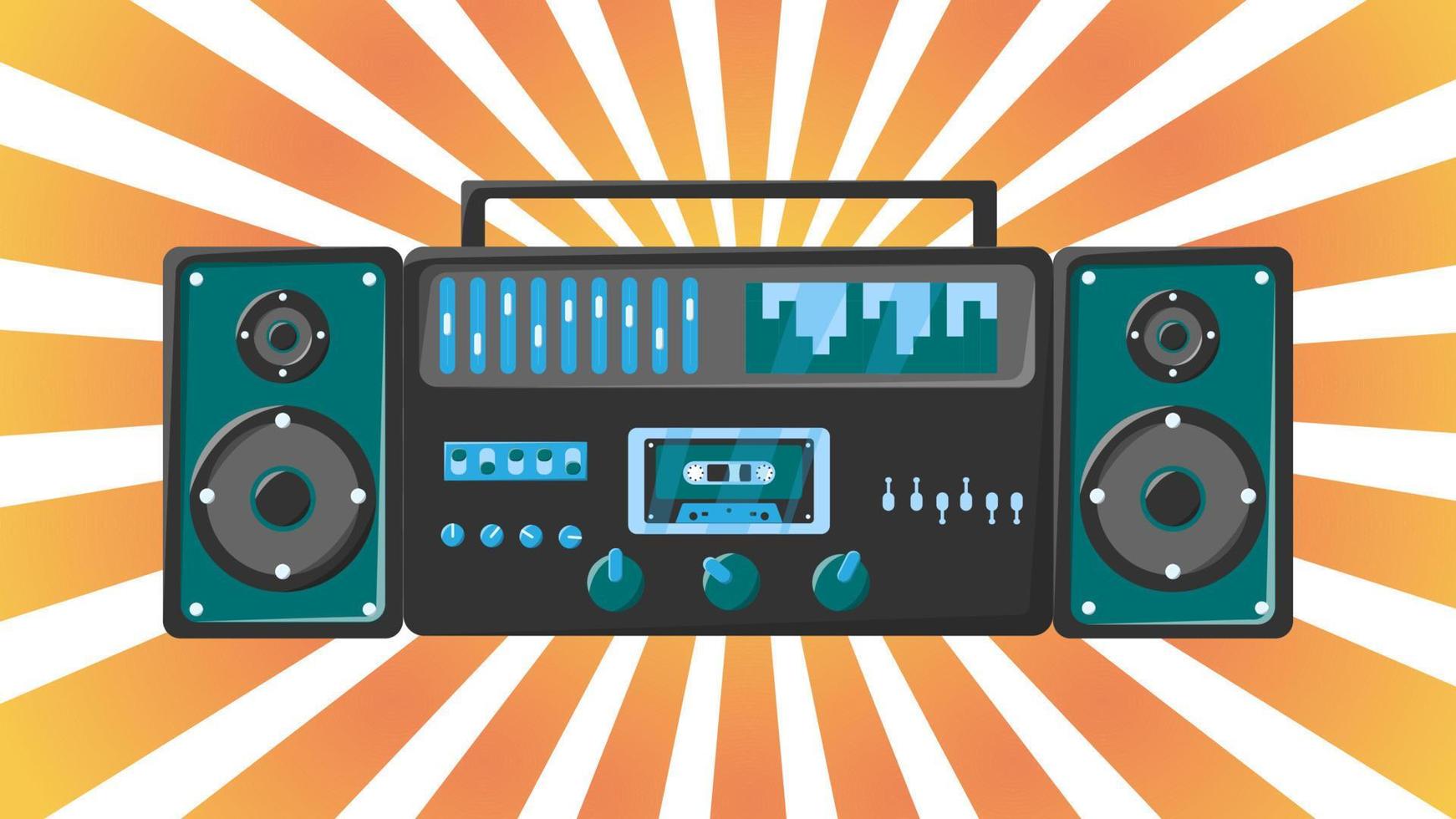 Old retro vintage music cassette tape recorder with magnetic tape babbin on reels and speakers from the 70s, 80s, 90s against the background of the orange rays of the sun. Vector illustration