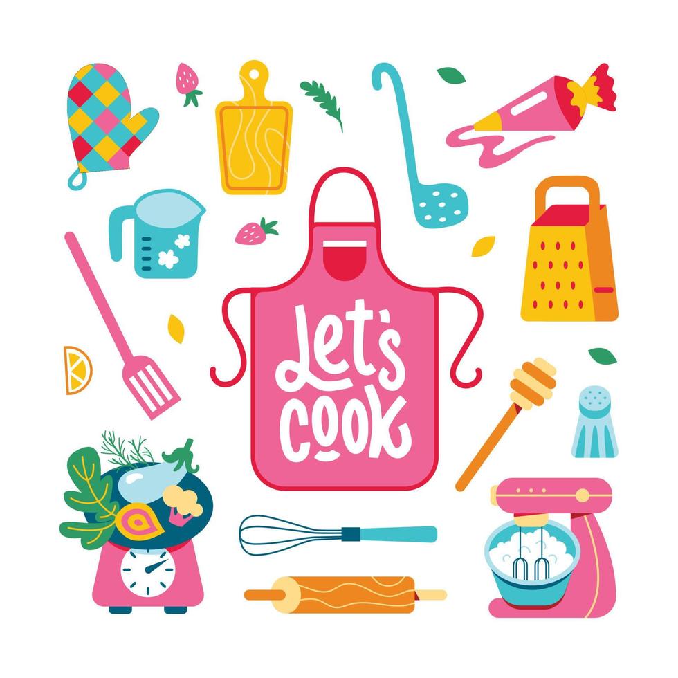 un gran juego de alimentos y utensilios de cocina. platos, platos, dulces, ingredientes. receta para cocinar en casa vector